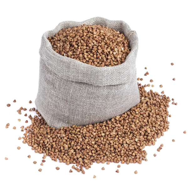 Buckwheat in bag isolated on white background. Closeup — Stock Photo, Image