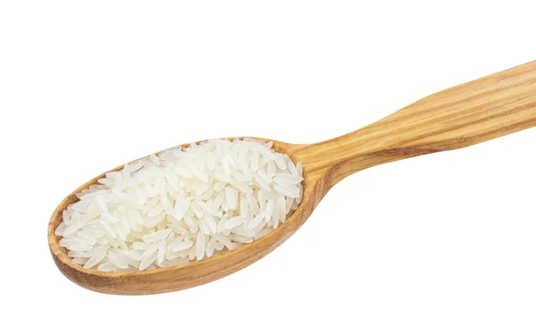 Jasmin de riz dans une cuillère en bois isolé sur fond blanc — Photo