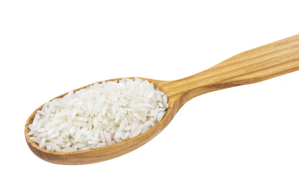 Gruaux de riz Basmati dans une cuillère en bois isolée sur fond blanc — Photo