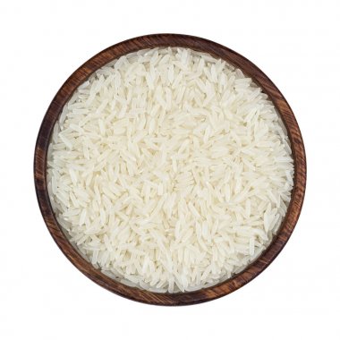 Jasmine rice in wooden bowl isolated on white background. Top view clipart