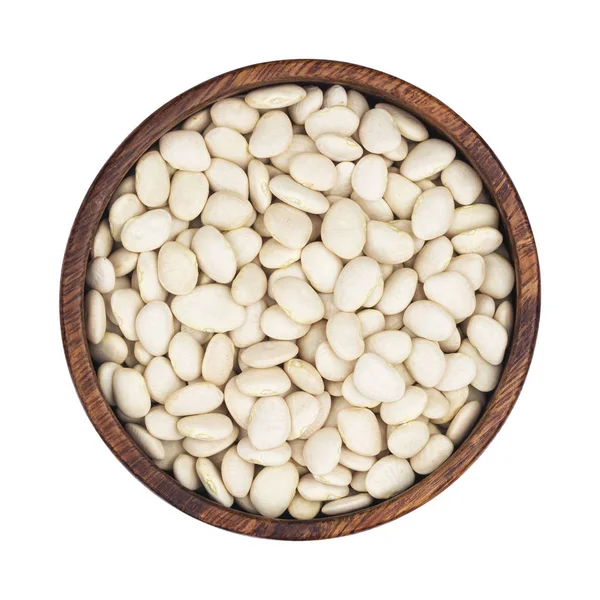 White kidney beans in wooden plate isolated on white background, top view — Stock Photo, Image