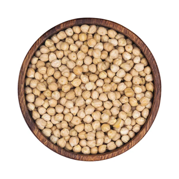 Chickpeas in wooden bowl isolated on white background. Top view — Stock Photo, Image