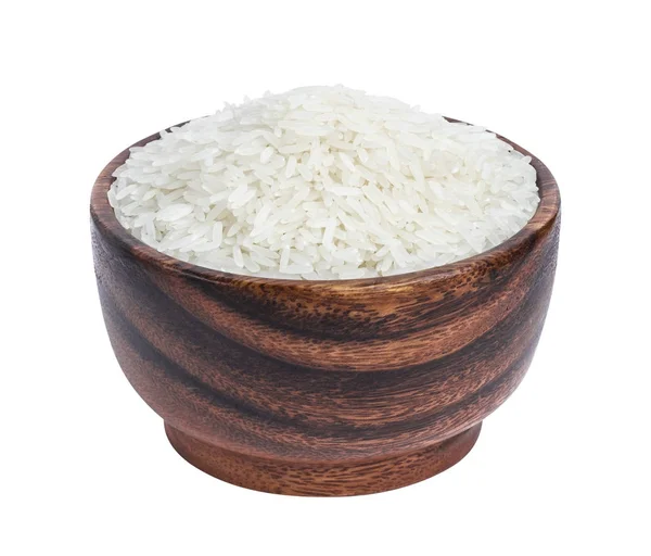 Arroz de jasmim em tigela de madeira isolada sobre fundo branco — Fotografia de Stock