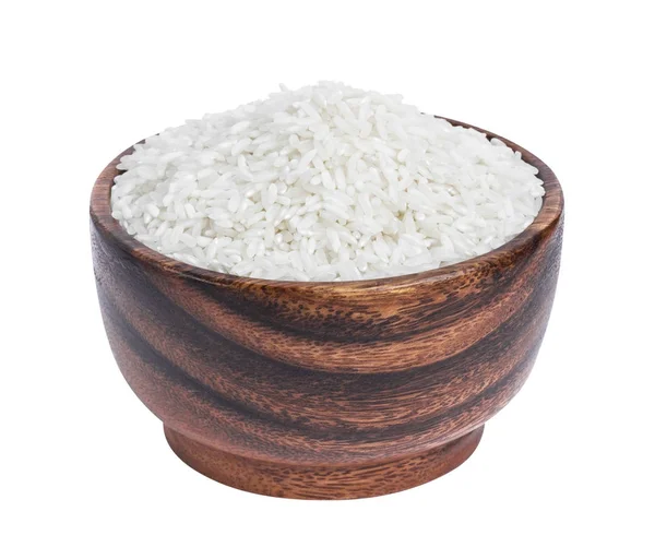 Grumos de arroz Basmati em tigela de madeira isolada sobre fundo branco — Fotografia de Stock