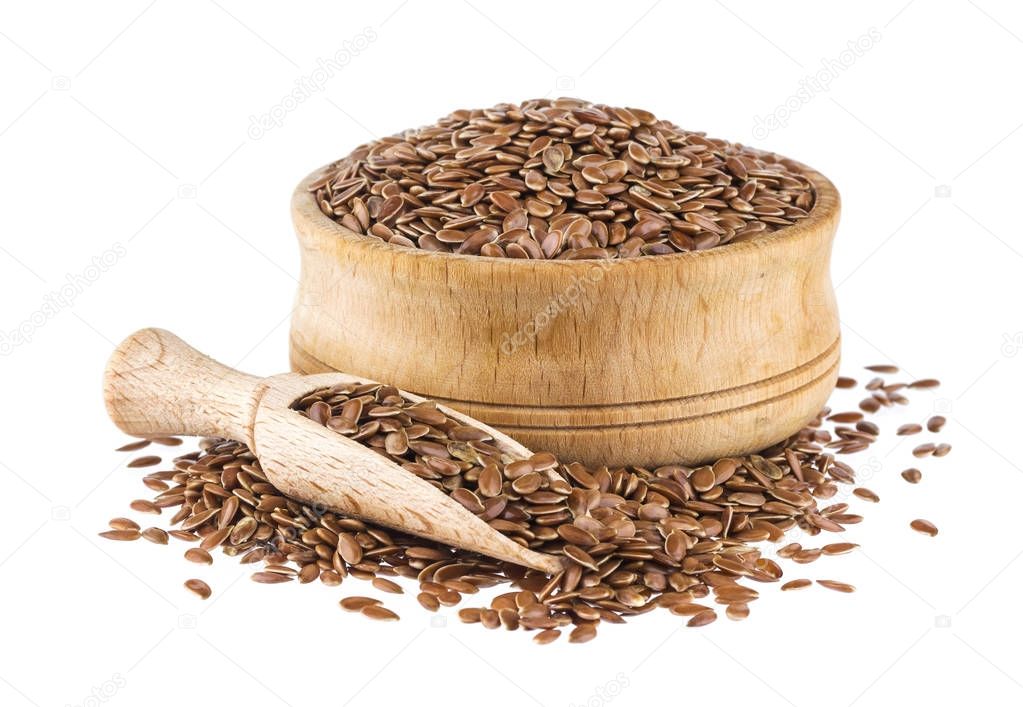 Flax seeds isolated on white background, close up of flaxseed in wooden scoop and bowl