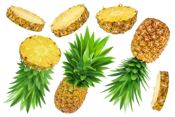 Ananas kolekcji. Całe i pokrojone ananasy na białym tle — Zdjęcie stockowe