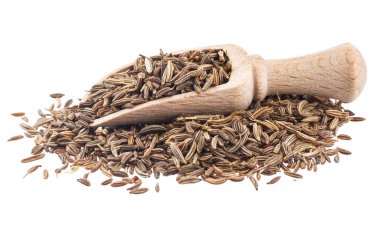Cumin or caraway seeds in scoop isolated on white background. Collection clipart