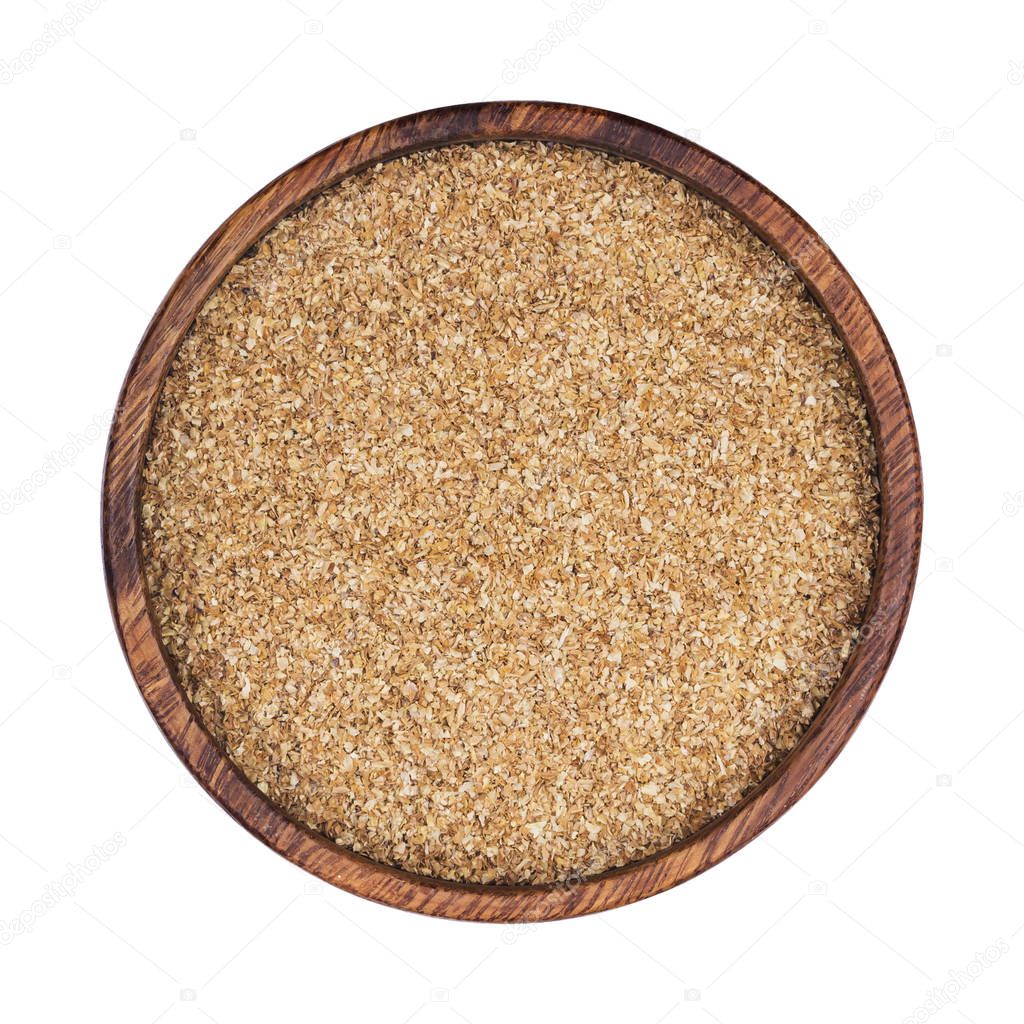 Dry ground fiber in bowl isolated on white background. Top view