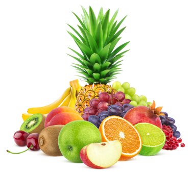 Beyaz arka plan üzerinde izole egzotik meyve çeşitleri