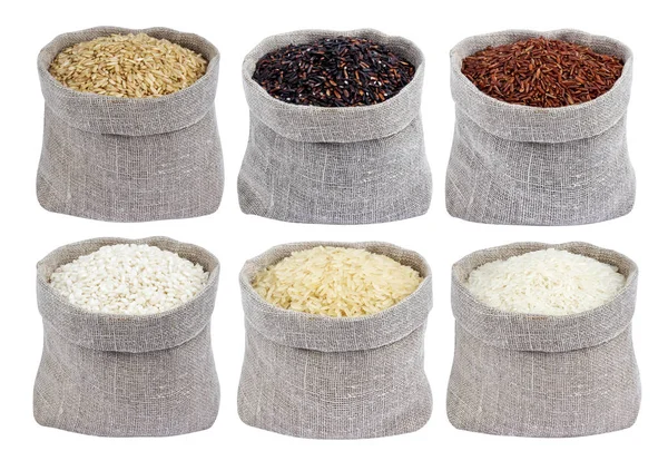 Different types of rice in bags isolated on white background. Collection — Stock Photo, Image
