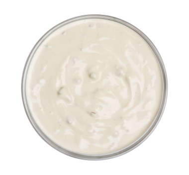 Beyaz arka plan üzerinde üstten görünüm izole mantar sosu