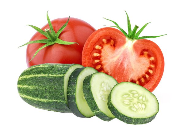 Tomato and cucumber isolated on white background