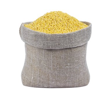 Darı beyaz arka plan üzerinde izole çuval bezi çanta