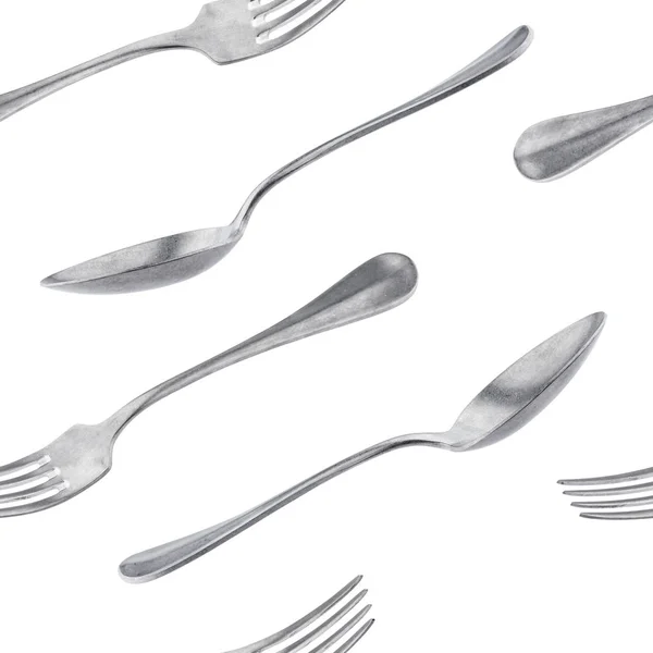 白色背景下的金属勺子和叉子无缝图案 — 图库照片