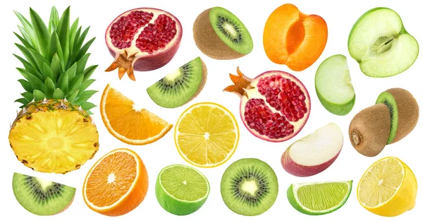 Conjunto de varias frutas cortadas aisladas sobre fondo blanco — Foto de Stock