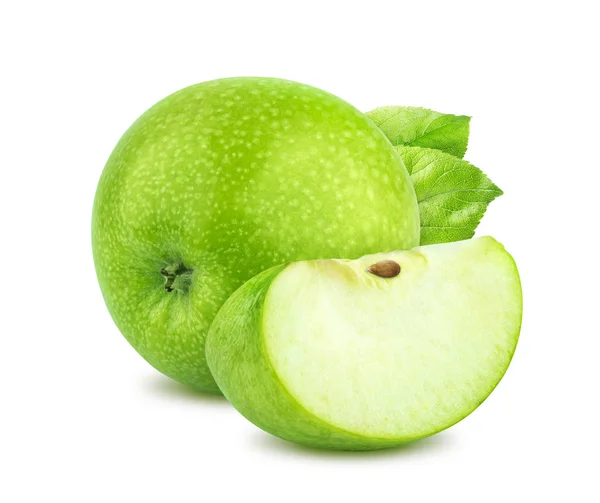 Один зеленый яблоко и четверть кусок изолированы на белом фоне — стоковое фото