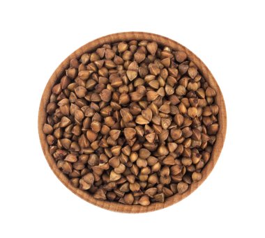 Karabuğday ahşap kase beyaz arka plan üzerinde izole. Üstten Görünüm