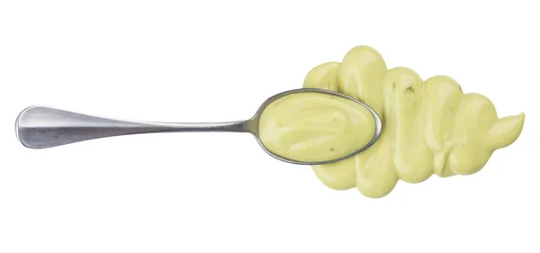 Salsa de ajo con cuchara aislada sobre fondo blanco. Vista superior — Foto de Stock
