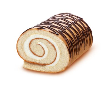 Sünger kek rulo beyaz arka plan üzerinde izole, vanilya krema ile İsviçre rulo