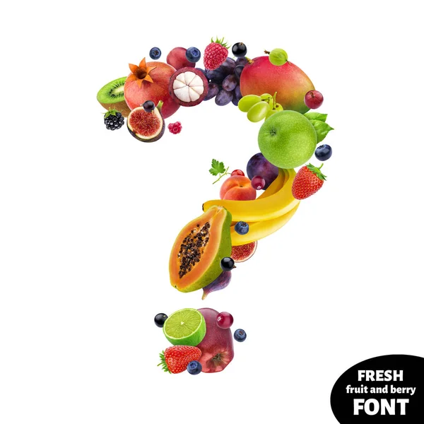 Ερωτηματικό σήμα από διάφορα φρούτα και μούρα, γραμματοσειρά φρούτων απομονωμένη σε λευκό φόντο — Φωτογραφία Αρχείου