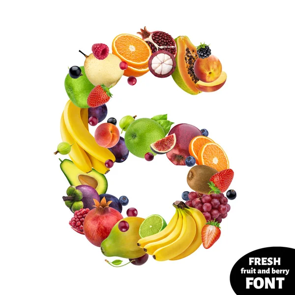 Nummer sechs aus exotischen Beeren und Früchten isoliert auf weißem Hintergrund — Stockfoto