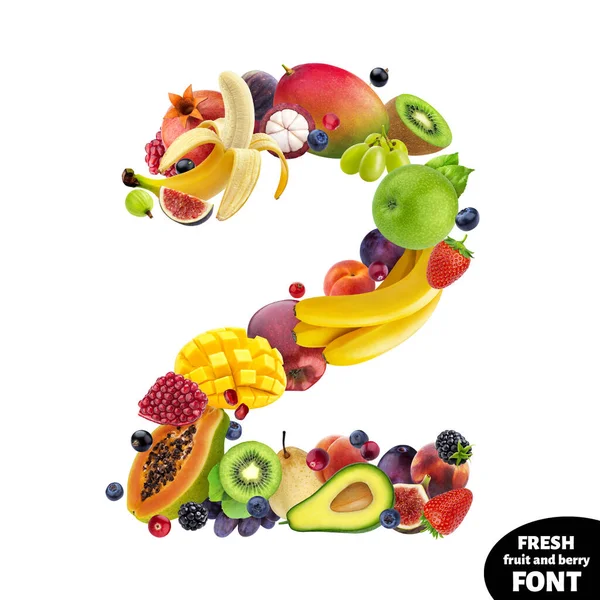 Nummer twee gemaakt van verschillende vruchten en bessen, fruit alfabet geïsoleerd op witte achtergrond — Stockfoto