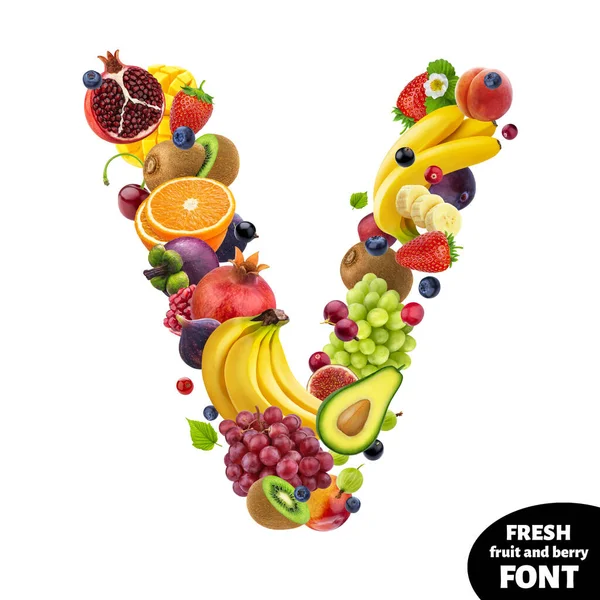Буква V, символ шрифта фруктов, выделенный на белом фоне — стоковое фото
