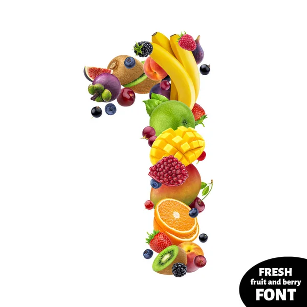 Номер один из различных фруктов и ягод, фруктовый алфавит выделен на белом фоне — стоковое фото