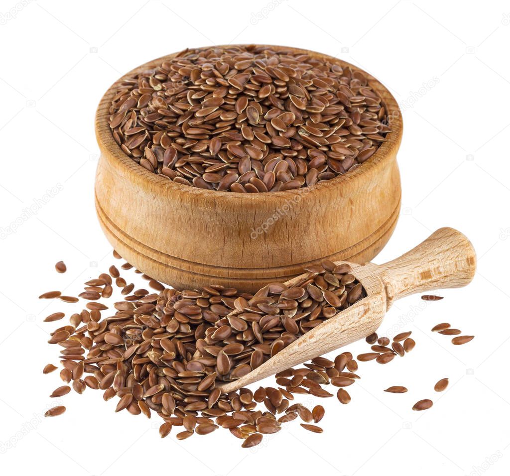 Linseed in wooden scoop and bowl isolated on white background