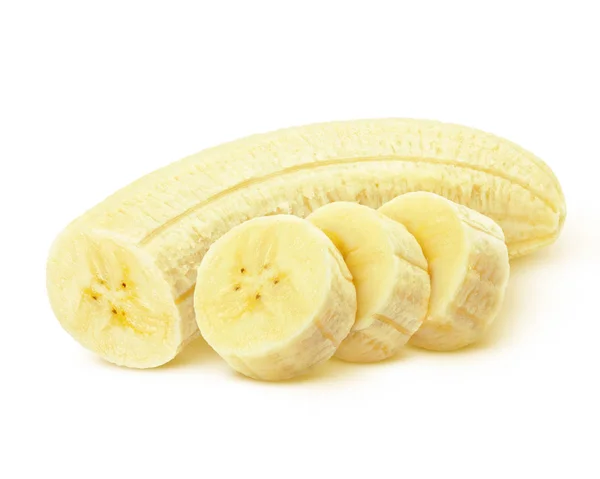 Geschälte Bananenscheiben isoliert auf weißem Hintergrund — Stockfoto