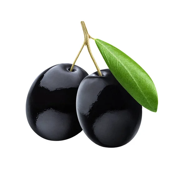Schwarze Oliven mit Blättern auf weißem Hintergrund — Stockfoto