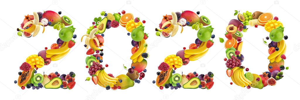 Happy New Year 2020. Number 2020 made of tropical and exotic fruits