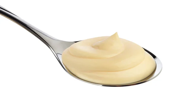 Mayonnaise im Löffel isoliert auf weißem Hintergrund — Stockfoto