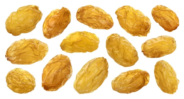Yellow raisins isolated on white background, close up — 스톡 사진