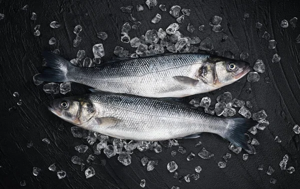 Seabass on ice on black stone background, top view — Stock Fotó