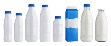 Süt ürünleri için ambalaj, beyaz arka planda izole edilmiş süt için plastik ve cam şişeler
