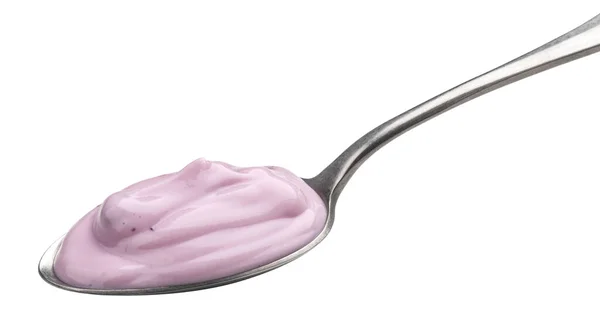 蓝莓酸奶，汤匙独立于白底 — 图库照片