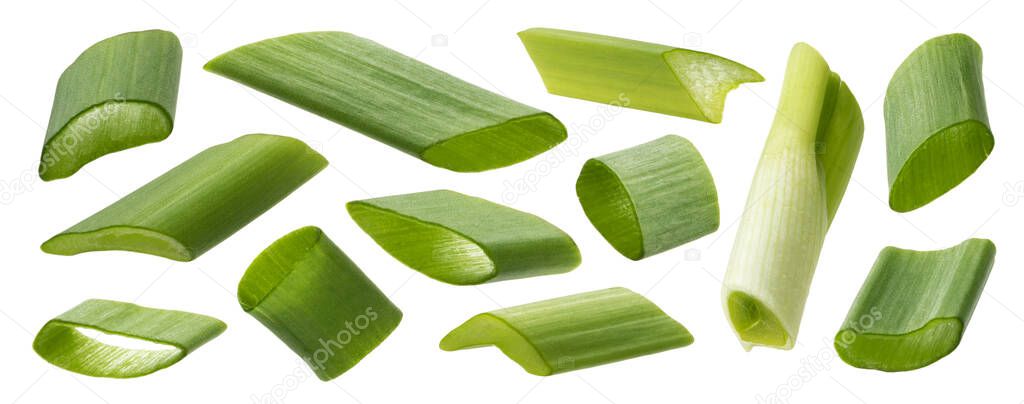 Chopped green onion isolated on white background, closeup