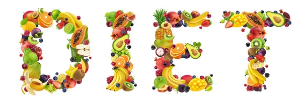 健康的な食事 白い背景に隔離されたさまざまな果物や果実で作られた単語の食事療法の創造的な概念 — ストック写真