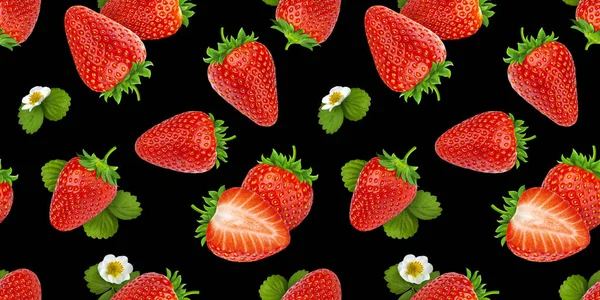검은 배경 위에 있는 딸기 껍질없는 무늬 — 스톡 사진