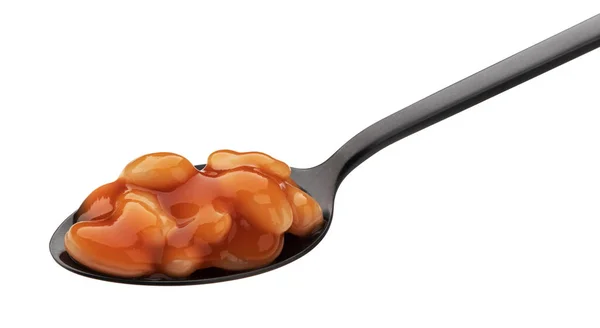 Cuchara de frijoles horneados en salsa de tomate aislada sobre fondo blanco — Foto de Stock