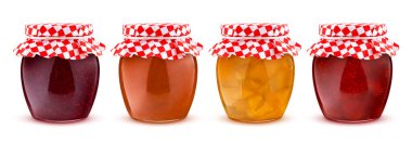 Beyaz arka planda izole edilmiş cam kavanoz meyve ve çilek reçeli