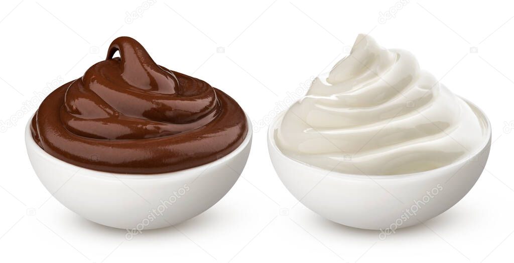 Bowl of chocolate and milk vanilla cream isolated on white background