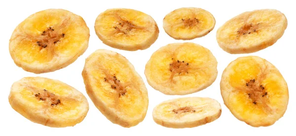 Rebanadas de plátano secas aisladas sobre fondo blanco con ruta de recorte — Foto de Stock