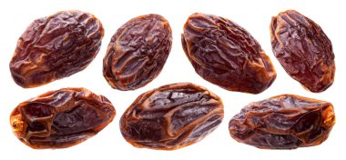 Kurumuş büyük jumbo tarihleri kırpma yolu olan beyaz arkaplanda izole edilmiş, kuru meyve koleksiyonu