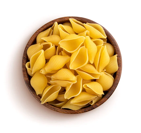 Conchiglie Rigate Pasta Cruda Righe Ciotola Legno Isolata Sfondo Bianco — Foto Stock