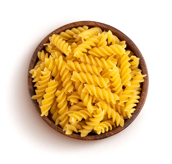 Pasta Fusilli Cruda Cuenco Madera Aislado Sobre Fondo Blanco Vista — Foto de Stock