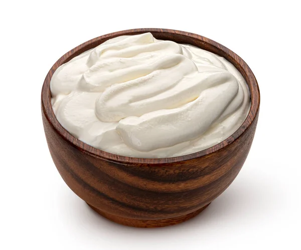 Sour Cream Wooden Bowl Isolated White Background Clipping Path Stock Photo