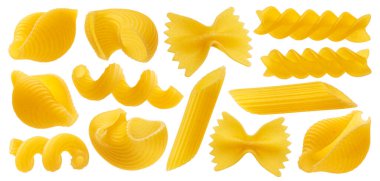 Çiğ İtalyan makarnası, farklı makarna çeşitleri koleksiyonu, kuru fusilli, conchiglio, farfalle ve penne beyaz arka planda kırpma yolu ile izole edilmiş.