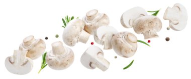 Düşen mantar koleksiyonu, uçan ve dilimlenmiş şampiyonlar beyaz arka planda kırpma yolu ile izole edilmiş.